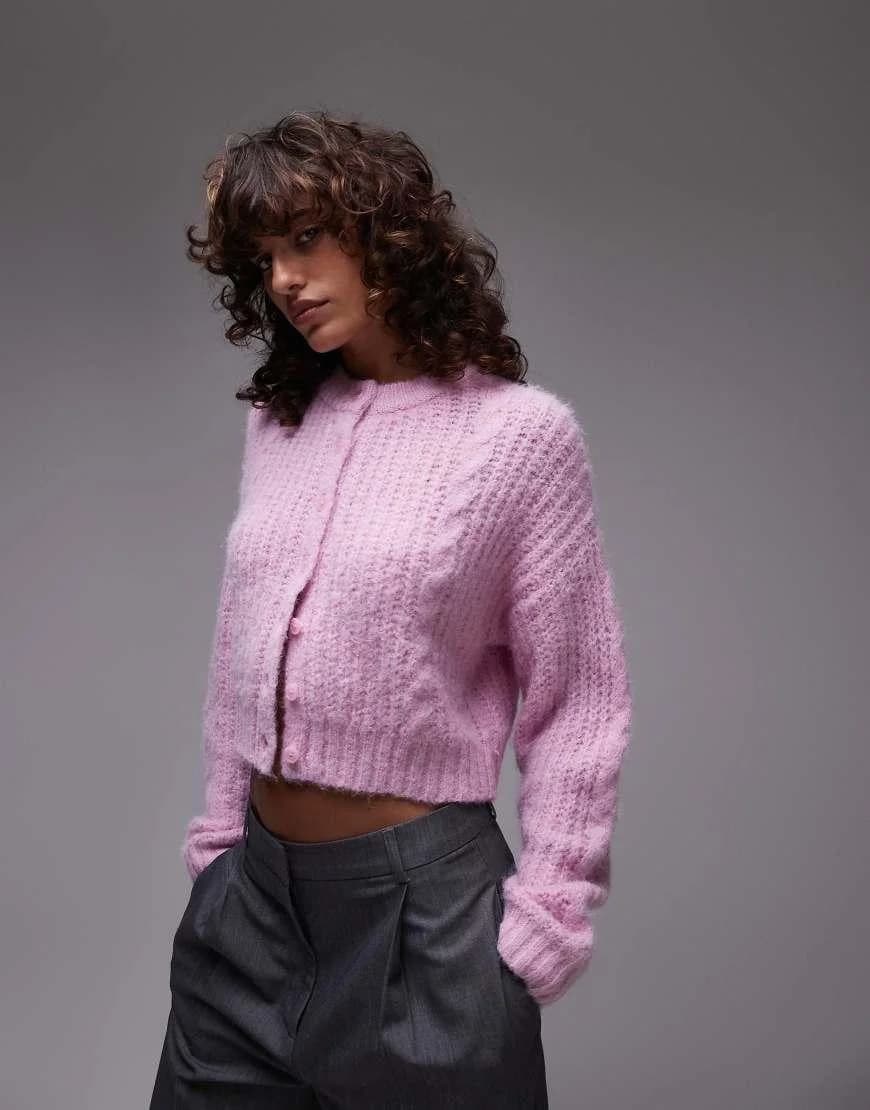 Usado por Martina Bonilla, Cárdigan corto de punto color rosado, talla M