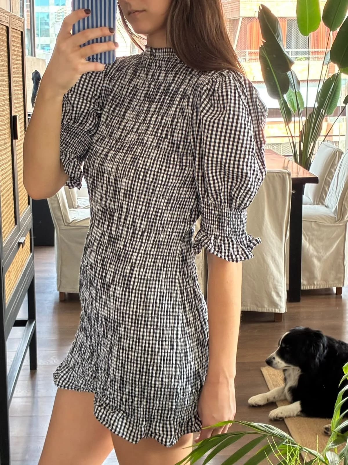Vestido corto panal de abeja cuadrillé con mangas englobadas — foto 1