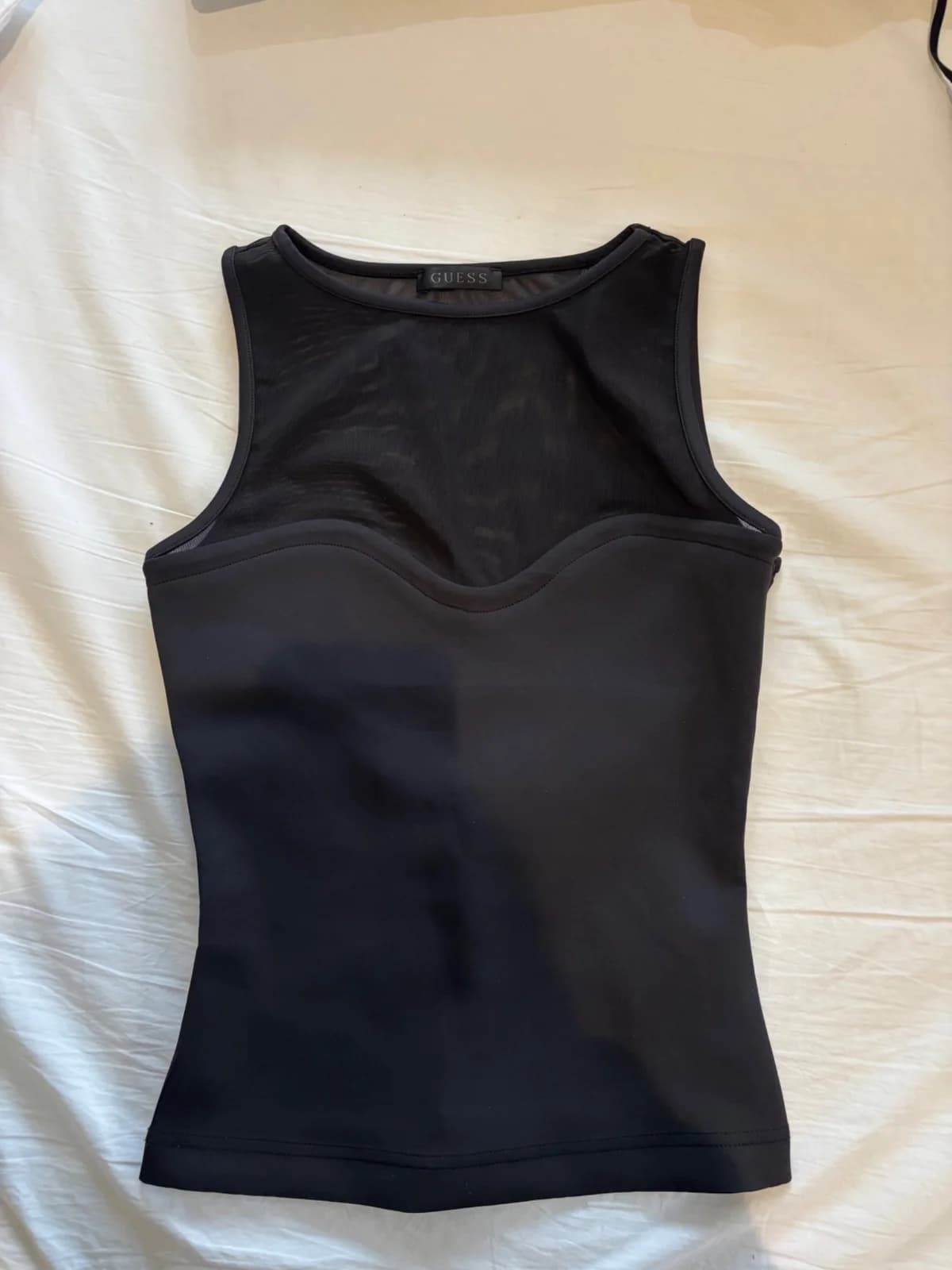 Usado por Blanca Egert, Polera Guess negra semitransparente, talla M