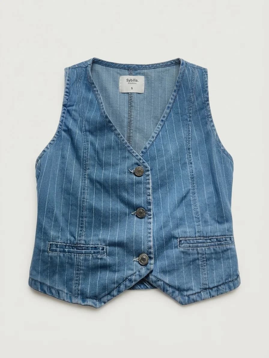 Usado por Juanita Bacarreza, Vest rayas jean, talla S