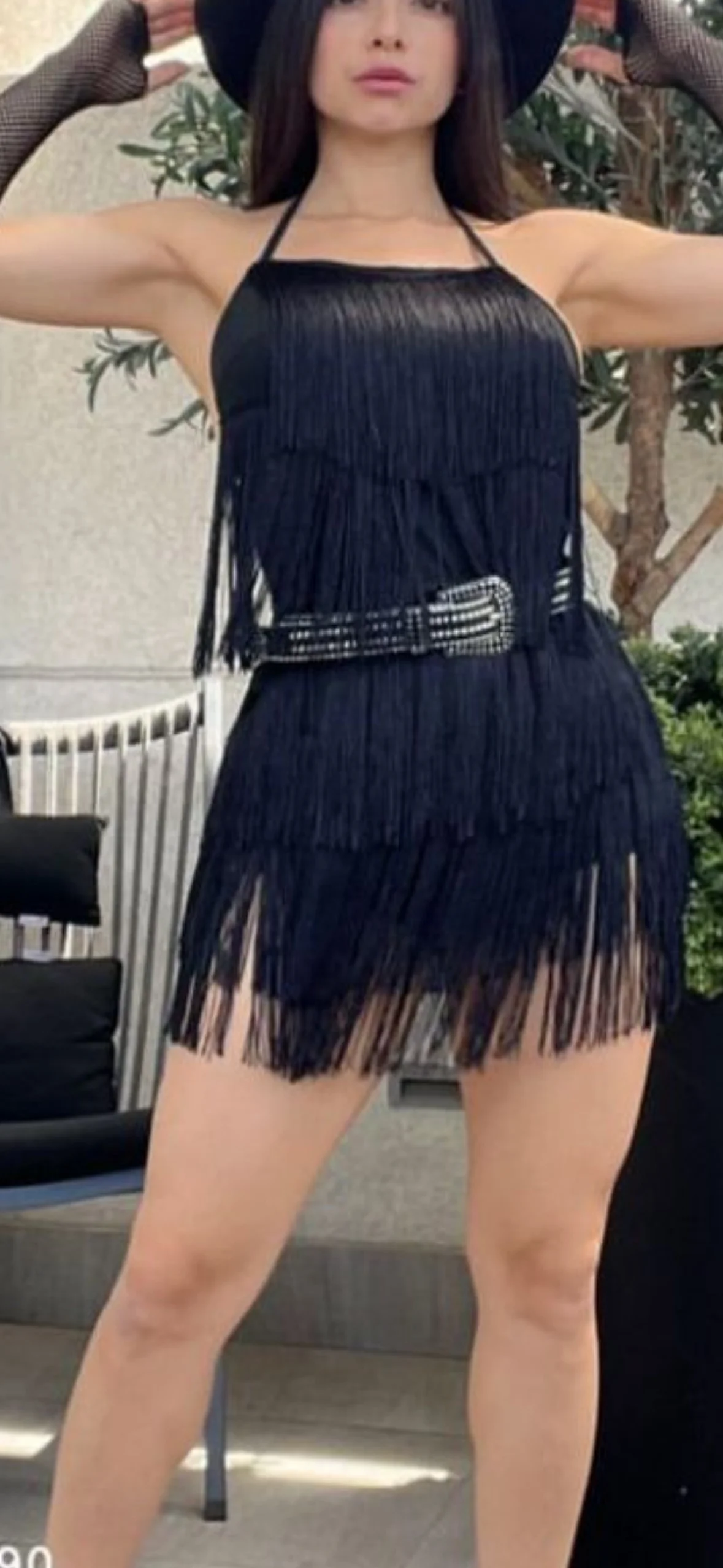Usado por Mayer López , Vestido de flecos negro , talla S