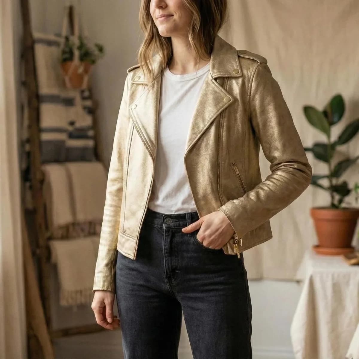 Usado por Magdalena Muñoz, Chaqueta biker dorada prune, talla S