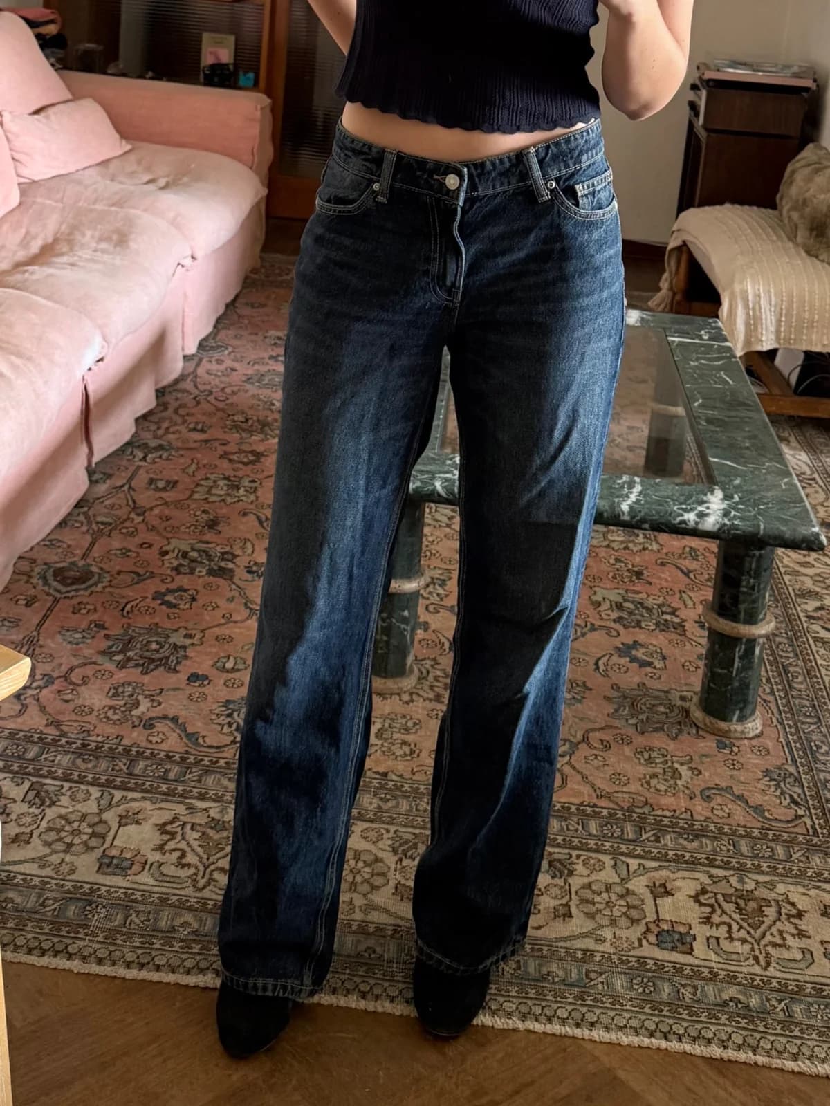 Usado por Ilana Mergudich Thal, Jeans tiro bajo corazones, talla 40