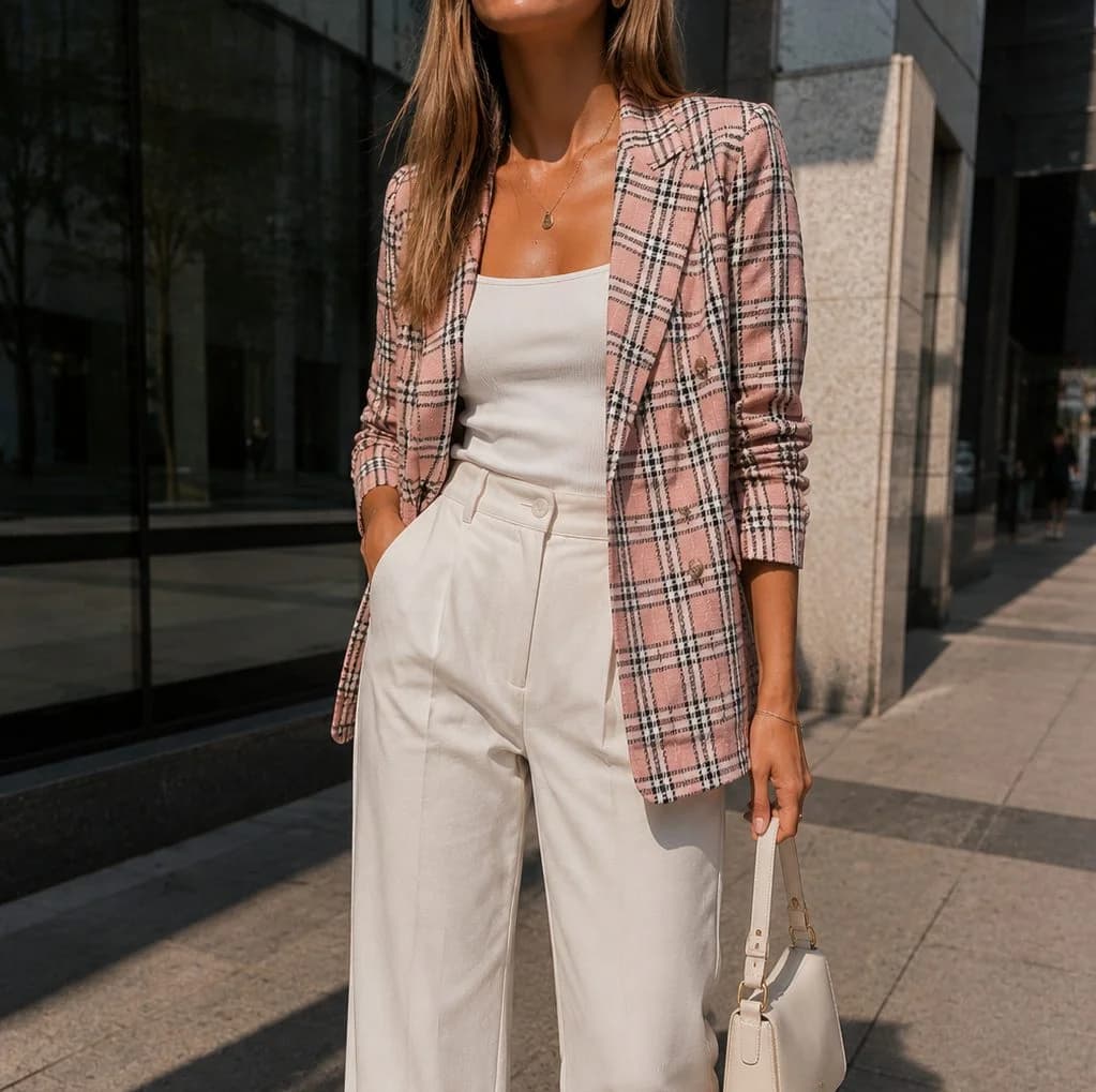 Usado por Valentina Toledo, Blazer Plaid Rosa, talla M