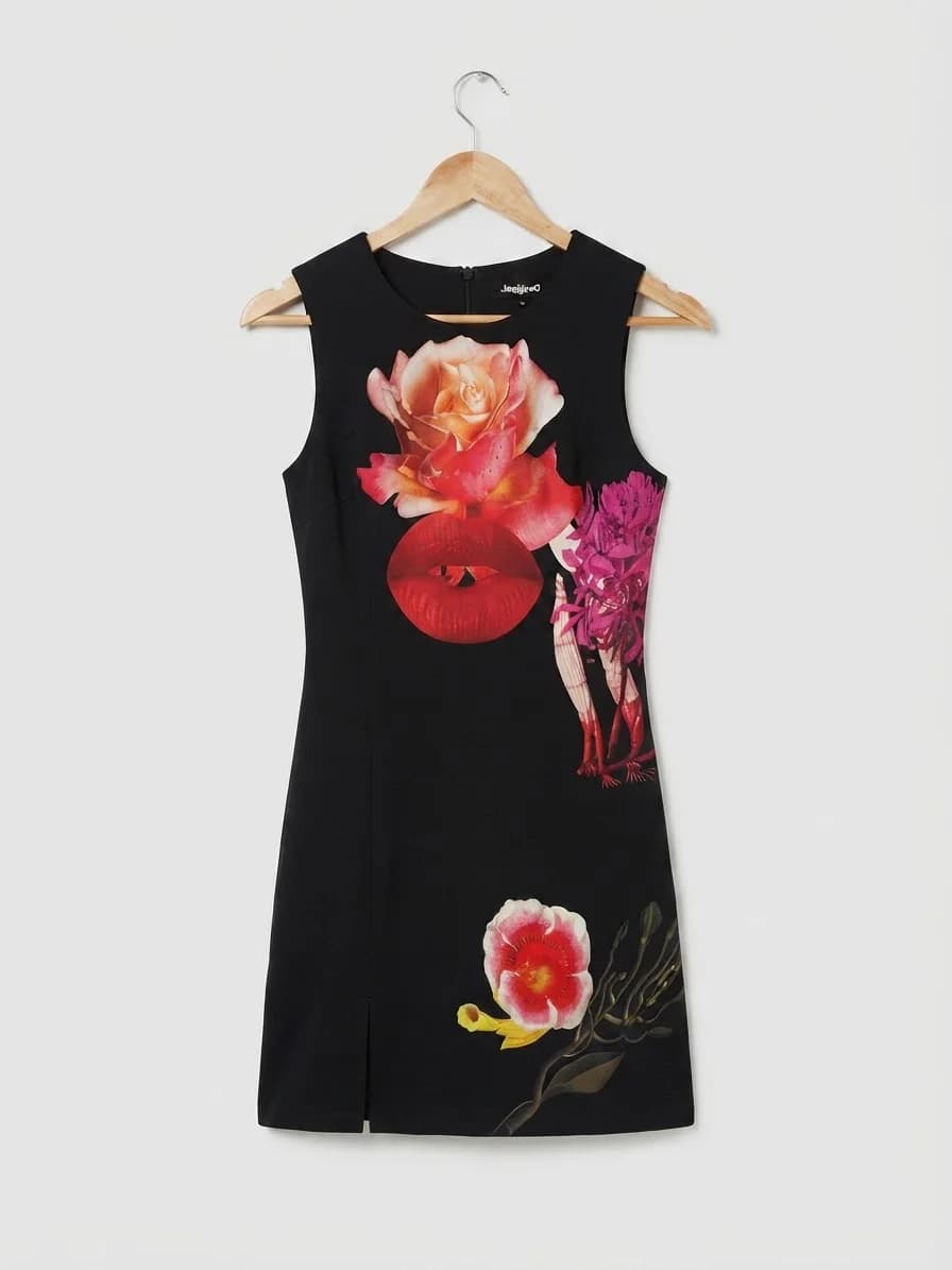 Vestido corto negro Desigual – Estampado floral y labios