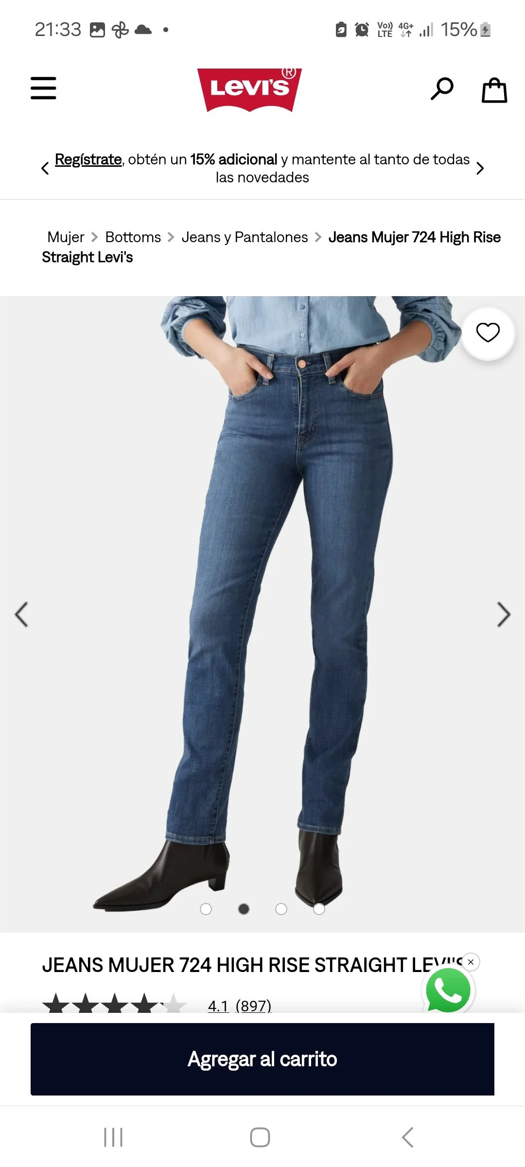 Usado por Felicia Nuñez, Jeans Levis, talla 26